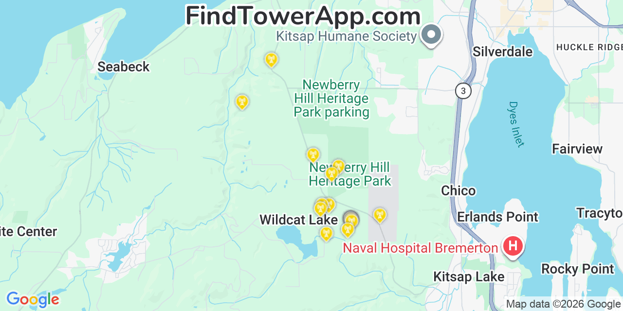 Map showing the 20 primary cell tower locations detected in Inglewood Finn Hill, Washington from AT&T, Verizon, and T-Mobile networks