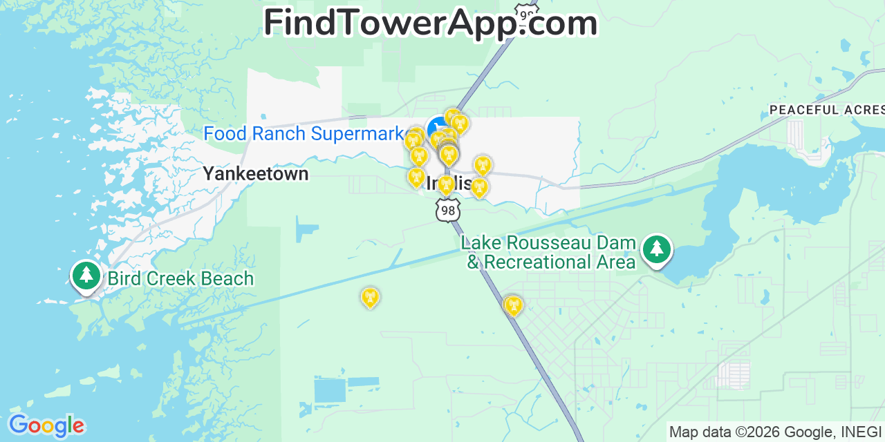 Map showing the 20 primary cell tower locations detected in Inglis, Florida from AT&T, Verizon, and T-Mobile networks