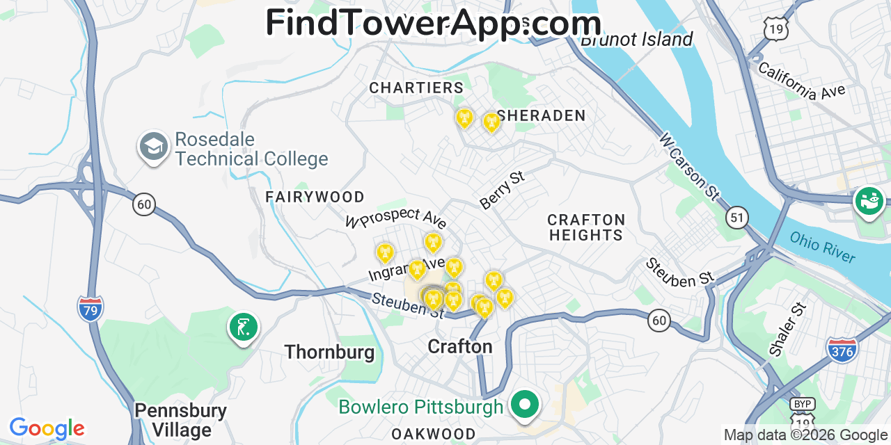 Map showing the 20 primary cell tower locations detected in Ingram, Pennsylvania from AT&T, Verizon, and T-Mobile networks
