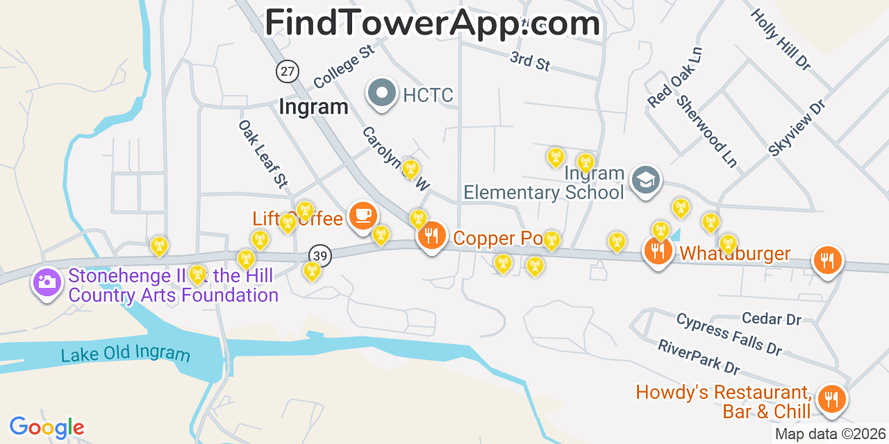 Map showing the 20 primary cell tower locations detected in Ingram, Texas from AT&T, Verizon, and T-Mobile networks