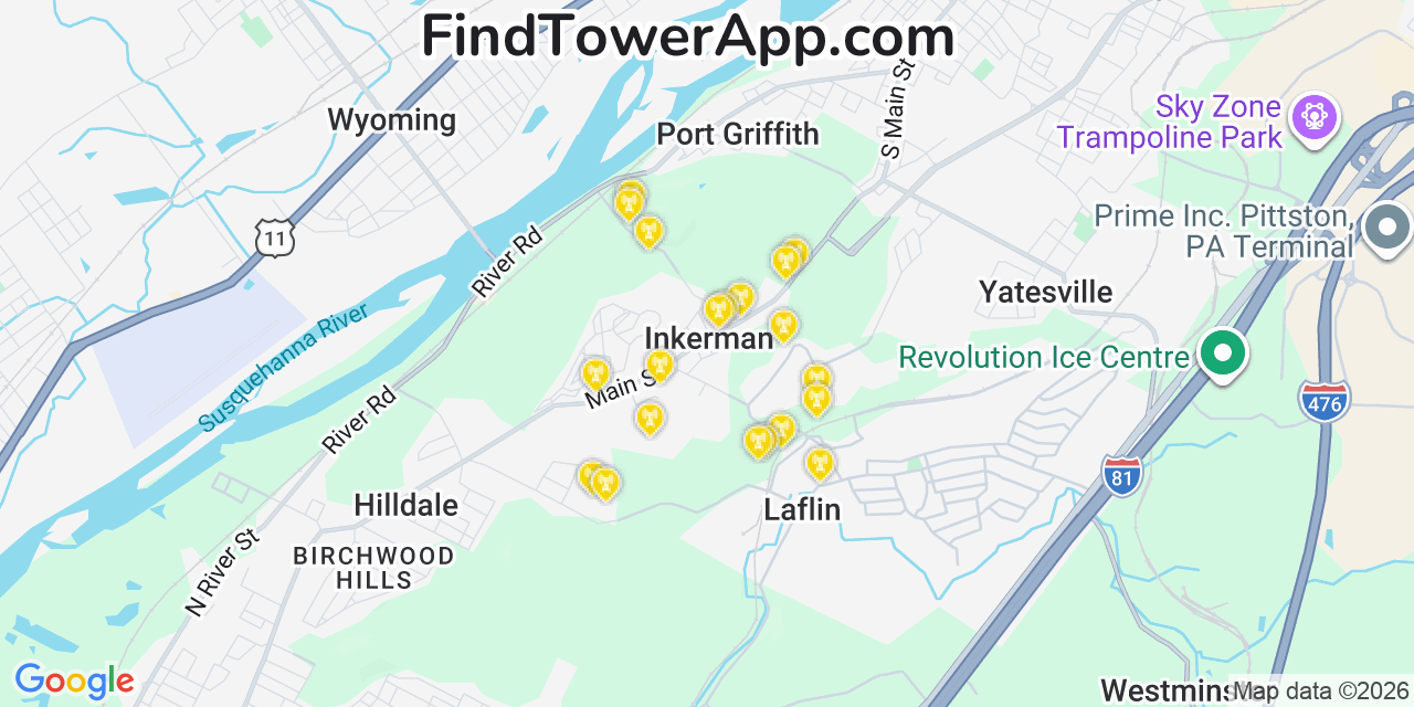 Map showing the 20 primary cell tower locations detected in Inkerman, Pennsylvania from AT&T, Verizon, and T-Mobile networks