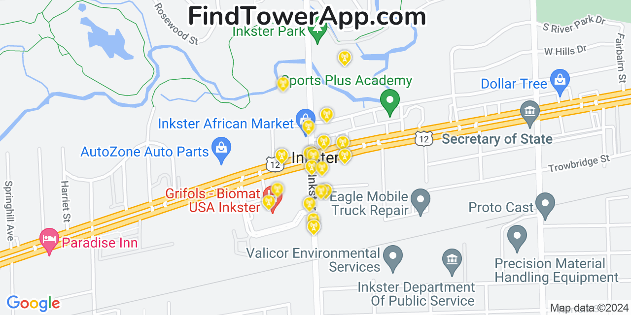 AT&T 4G/5G cell tower coverage map Inkster, Michigan