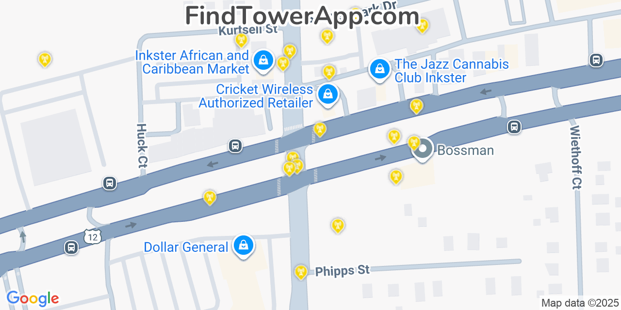 Map showing the 20 primary cell tower locations detected in Inkster, Michigan from AT&T, Verizon, and T-Mobile networks