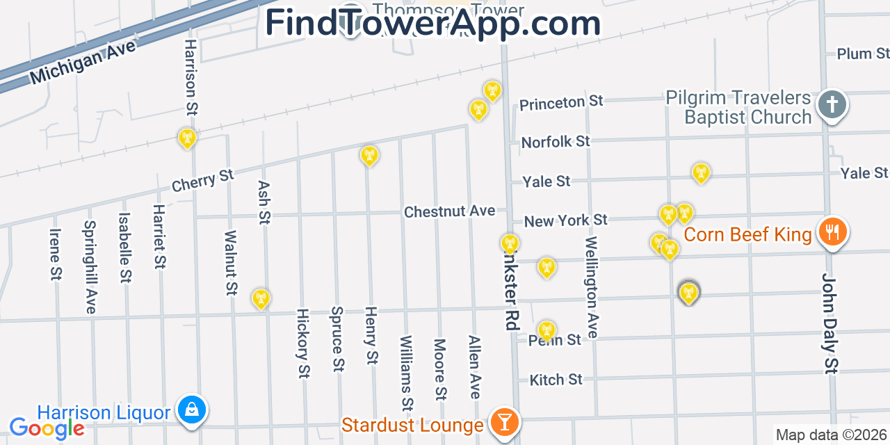 Map showing the 20 primary cell tower locations detected in Inkster, Michigan from AT&T, Verizon, and T-Mobile networks