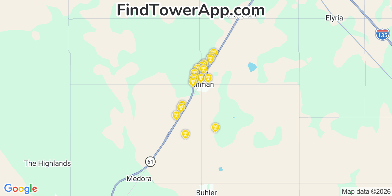 Map showing the 20 primary cell tower locations detected in Inman, Kansas from AT&T, Verizon, and T-Mobile networks