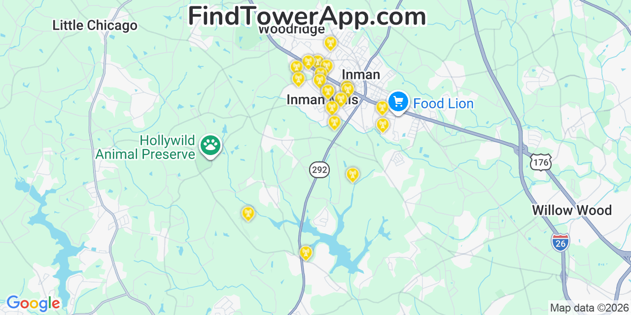 Map showing the 20 primary cell tower locations detected in Inman Mills, South Carolina from AT&T, Verizon, and T-Mobile networks