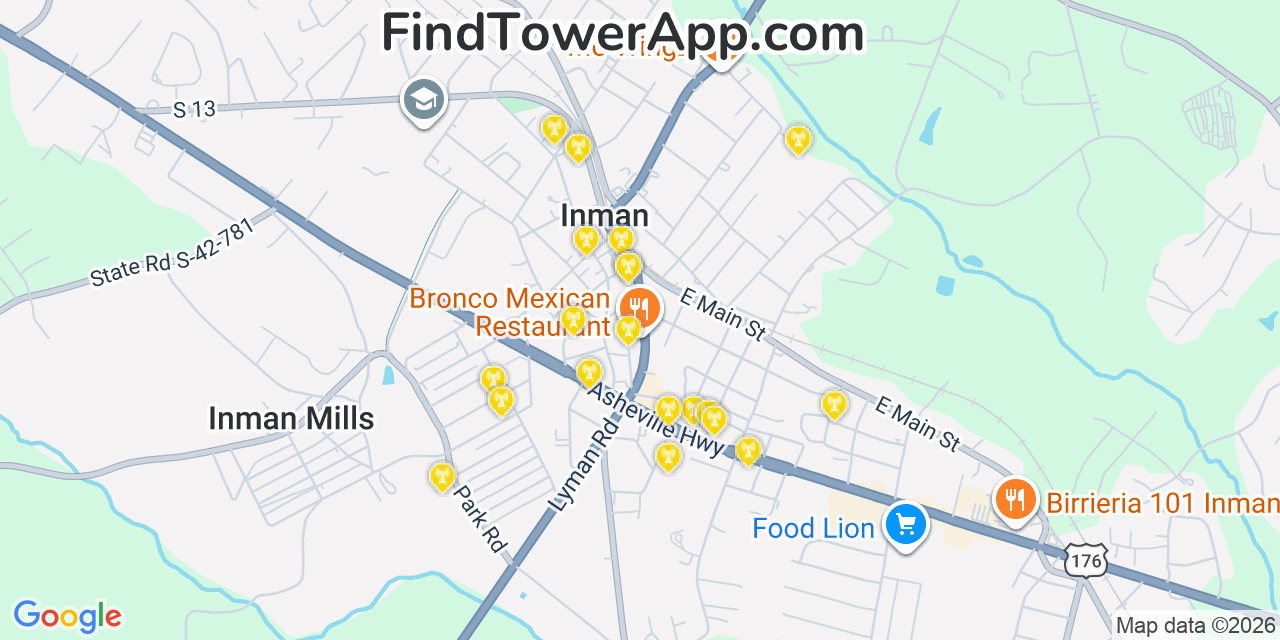 Map showing the 20 primary cell tower locations detected in Inman, South Carolina from AT&T, Verizon, and T-Mobile networks