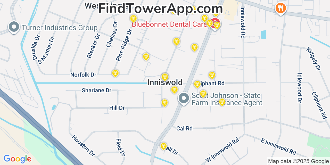Map showing the 20 primary cell tower locations detected in Inniswold, Louisiana from AT&T, Verizon, and T-Mobile networks
