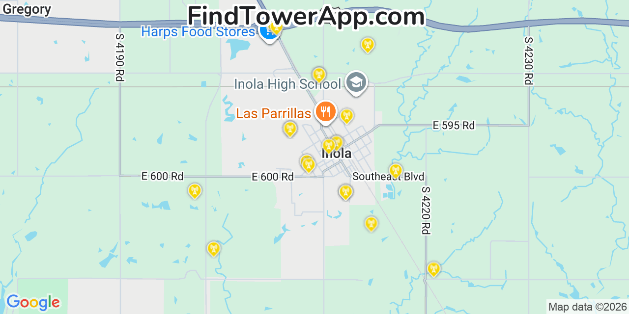 Map showing the 20 primary cell tower locations detected in Inola, Oklahoma from AT&T, Verizon, and T-Mobile networks