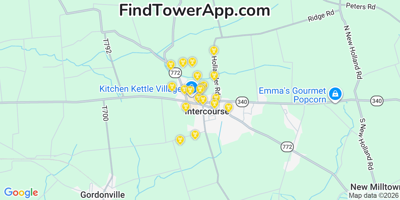 Map showing the 20 primary cell tower locations detected in Intercourse, Pennsylvania from AT&T, Verizon, and T-Mobile networks