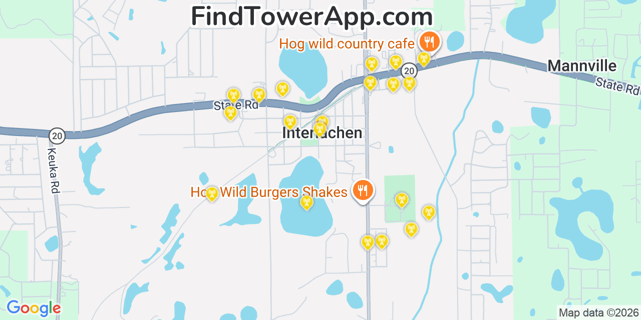 Map showing the 20 primary cell tower locations detected in Interlachen, Florida from AT&T, Verizon, and T-Mobile networks