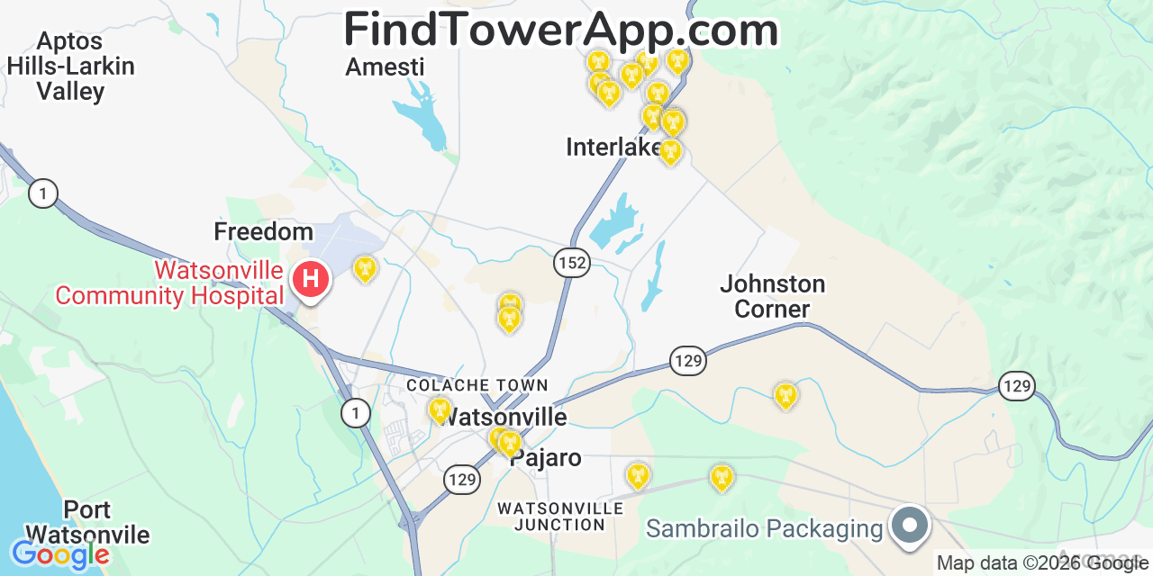 Map showing the 20 primary cell tower locations detected in Interlaken, California from AT&T, Verizon, and T-Mobile networks