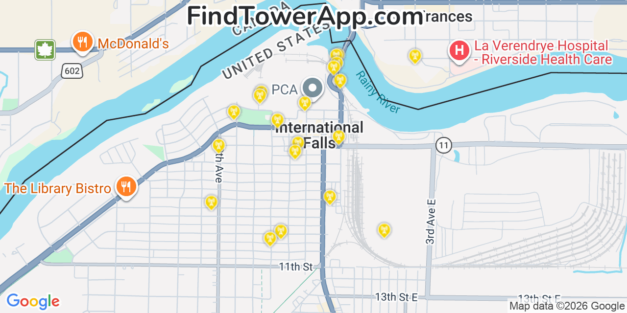 Map showing the 20 primary cell tower locations detected in International Falls, Minnesota from AT&T, Verizon, and T-Mobile networks
