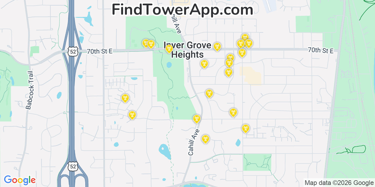 Map showing the 20 primary cell tower locations detected in Inver Grove Heights, Minnesota from AT&T, Verizon, and T-Mobile networks
