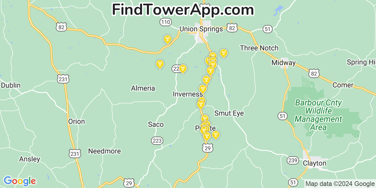 AT&T 4G/5G cell tower coverage map Inverness, Alabama