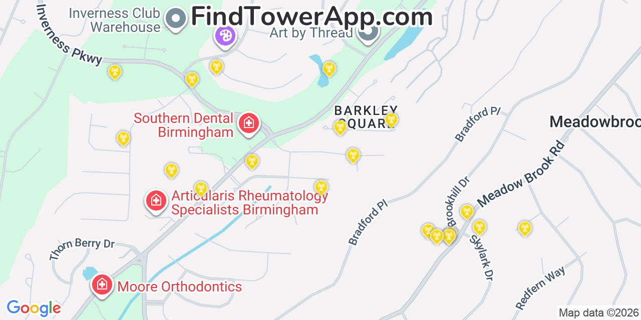 Map showing the 20 primary cell tower locations detected in Inverness, Alabama from AT&T, Verizon, and T-Mobile networks