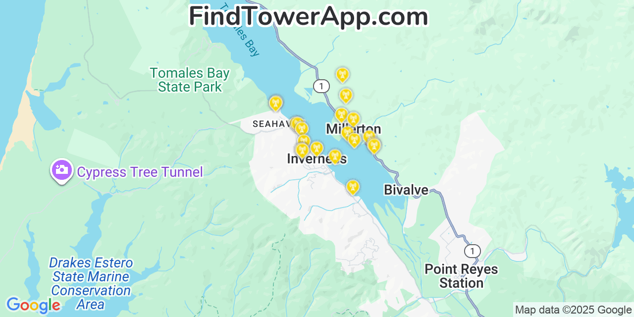 Map showing the 20 primary cell tower locations detected in Inverness, California from AT&T, Verizon, and T-Mobile networks
