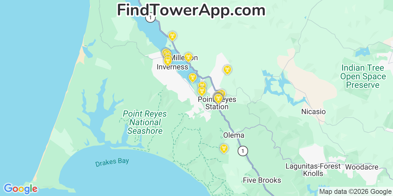 Map showing the 20 primary cell tower locations detected in Inverness, California from AT&T, Verizon, and T-Mobile networks