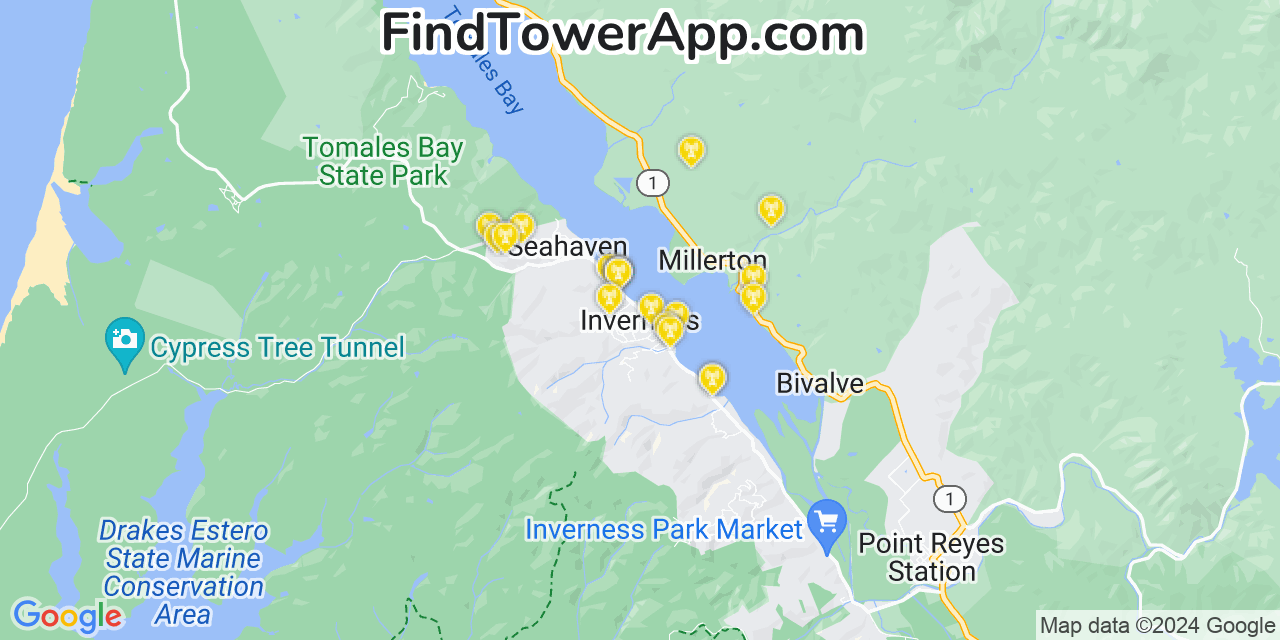 Verizon 4G/5G cell tower coverage map Inverness, California