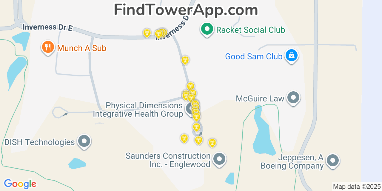 Map showing the 20 primary cell tower locations detected in Inverness, Colorado from AT&T, Verizon, and T-Mobile networks