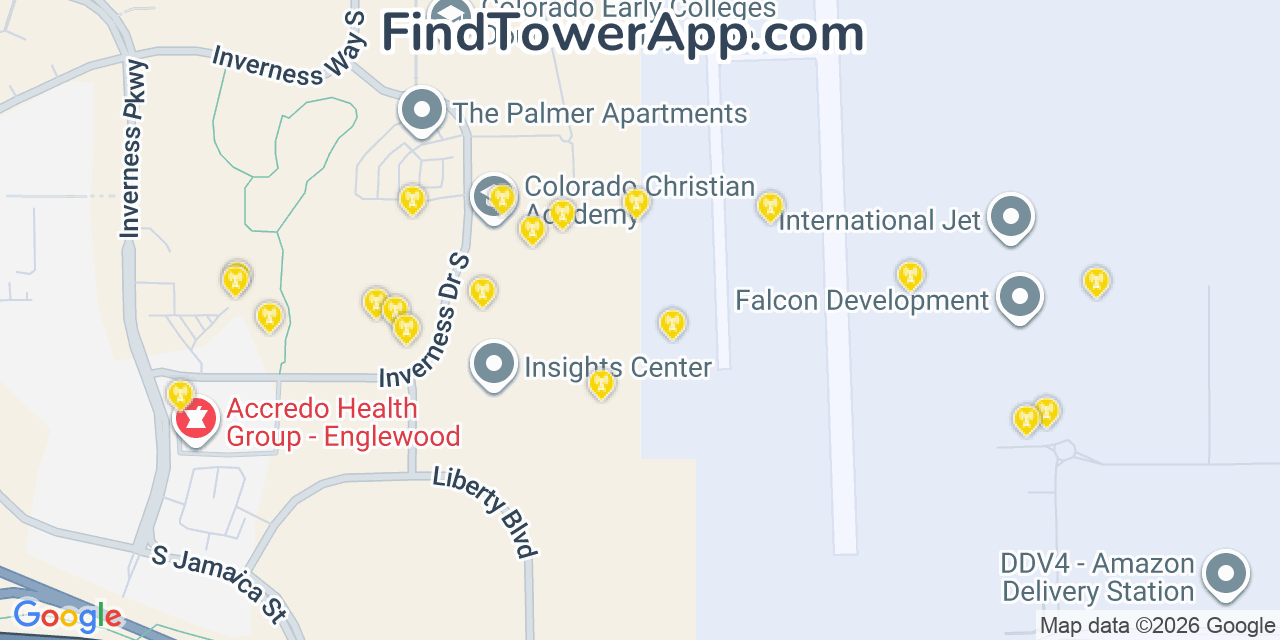 Map showing the 20 primary cell tower locations detected in Inverness, Colorado from AT&T, Verizon, and T-Mobile networks