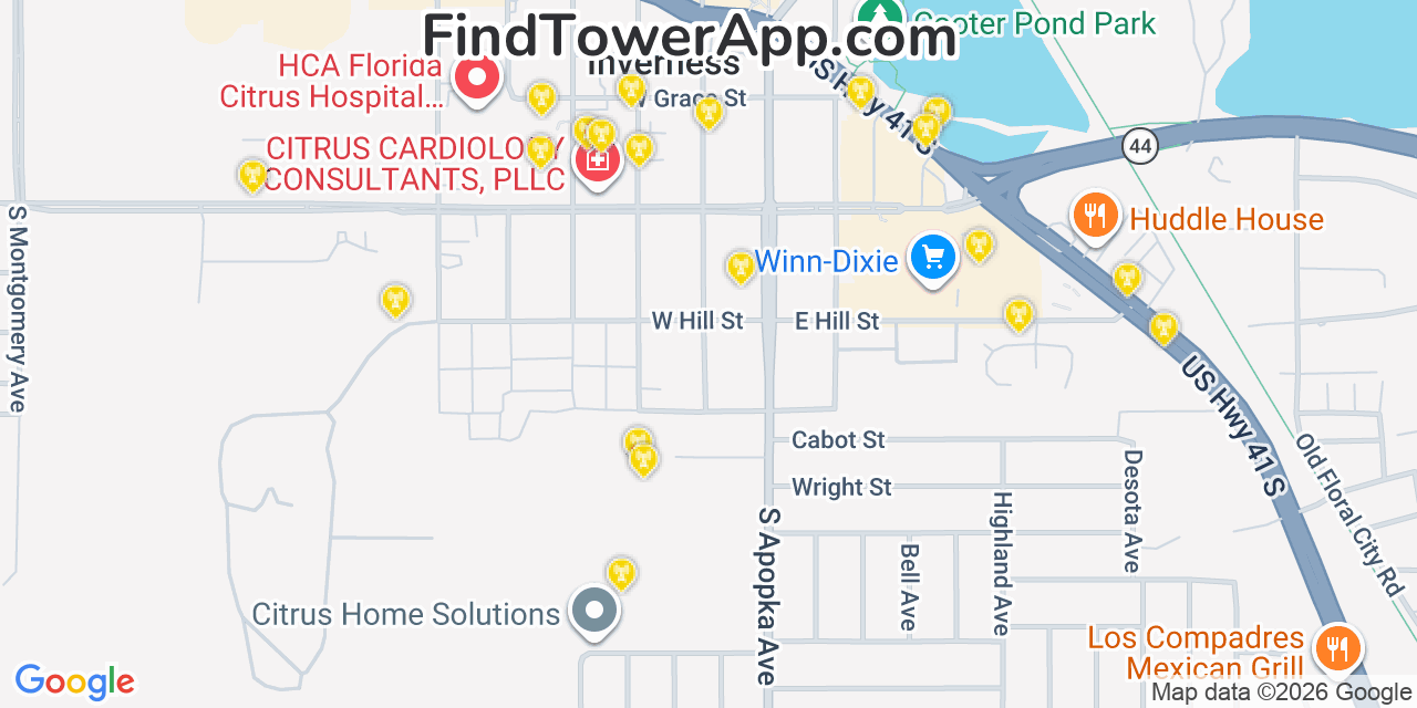 Map showing the 20 primary cell tower locations detected in Inverness, Florida from AT&T, Verizon, and T-Mobile networks