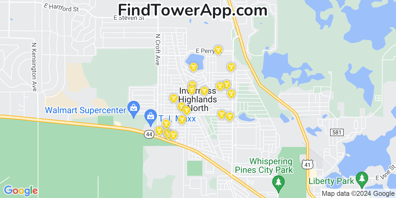 AT&T 4G/5G cell tower coverage map Inverness Highlands North, Florida