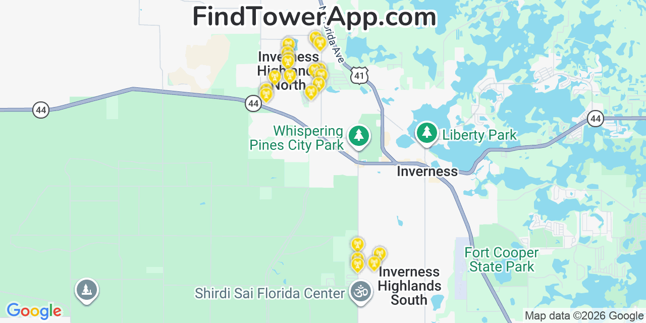 Map showing the 20 primary cell tower locations detected in Inverness Highlands North, Florida from AT&T, Verizon, and T-Mobile networks