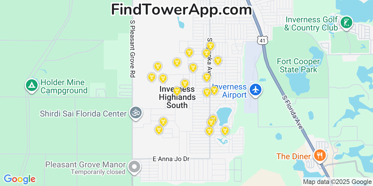 Map showing the 20 primary cell tower locations detected in Inverness Highlands South, Florida from AT&T, Verizon, and T-Mobile networks