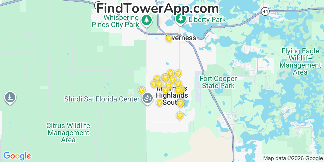 Map showing the 20 primary cell tower locations detected in Inverness Highlands South, Florida from AT&T, Verizon, and T-Mobile networks