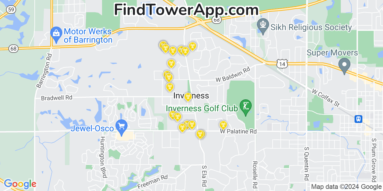 AT&T 4G/5G cell tower coverage map Inverness, Illinois