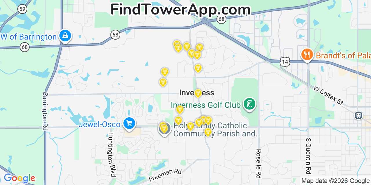Map showing the 20 primary cell tower locations detected in Inverness, Illinois from AT&T, Verizon, and T-Mobile networks