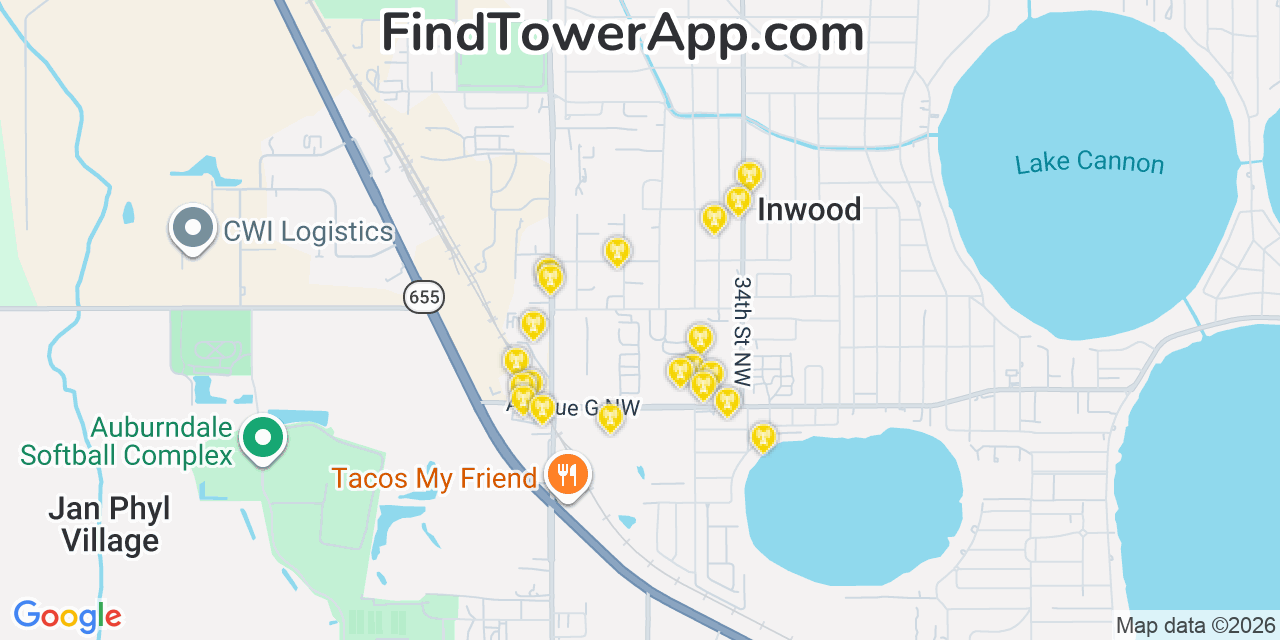 Map showing the 20 primary cell tower locations detected in Inwood, Florida from AT&T, Verizon, and T-Mobile networks