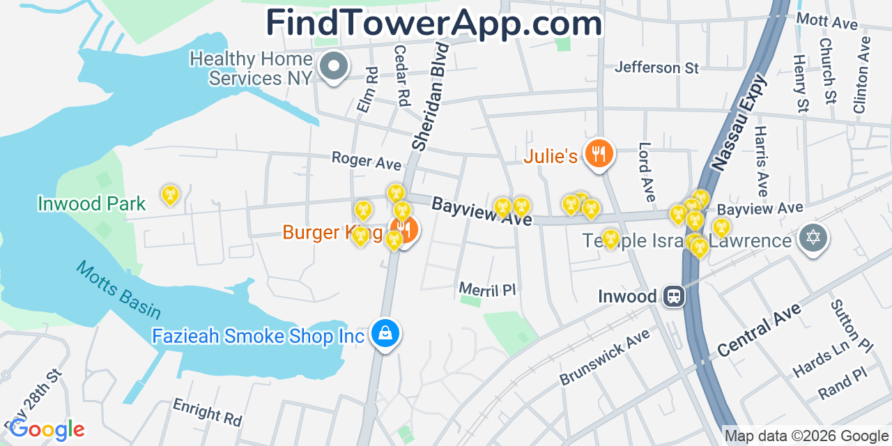 Map showing the 20 primary cell tower locations detected in Inwood, New York from AT&T, Verizon, and T-Mobile networks