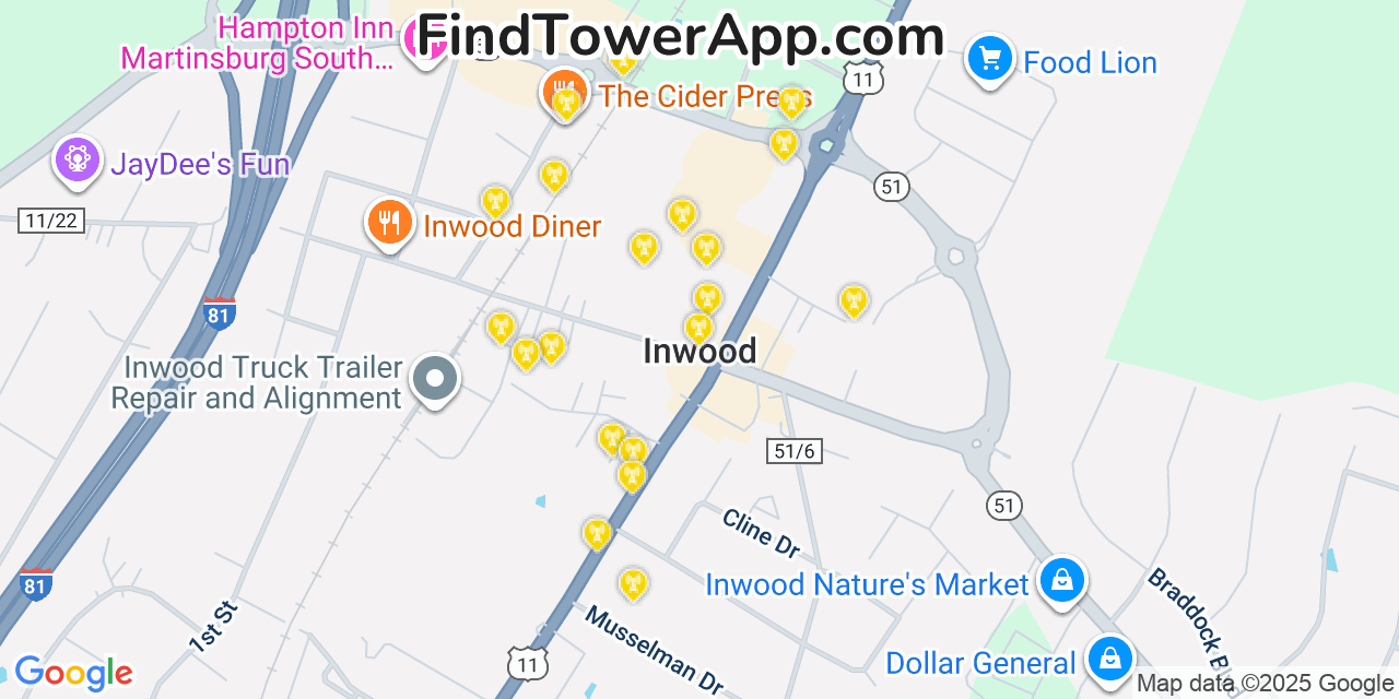 Map showing the 20 primary cell tower locations detected in Inwood, West Virginia from AT&T, Verizon, and T-Mobile networks