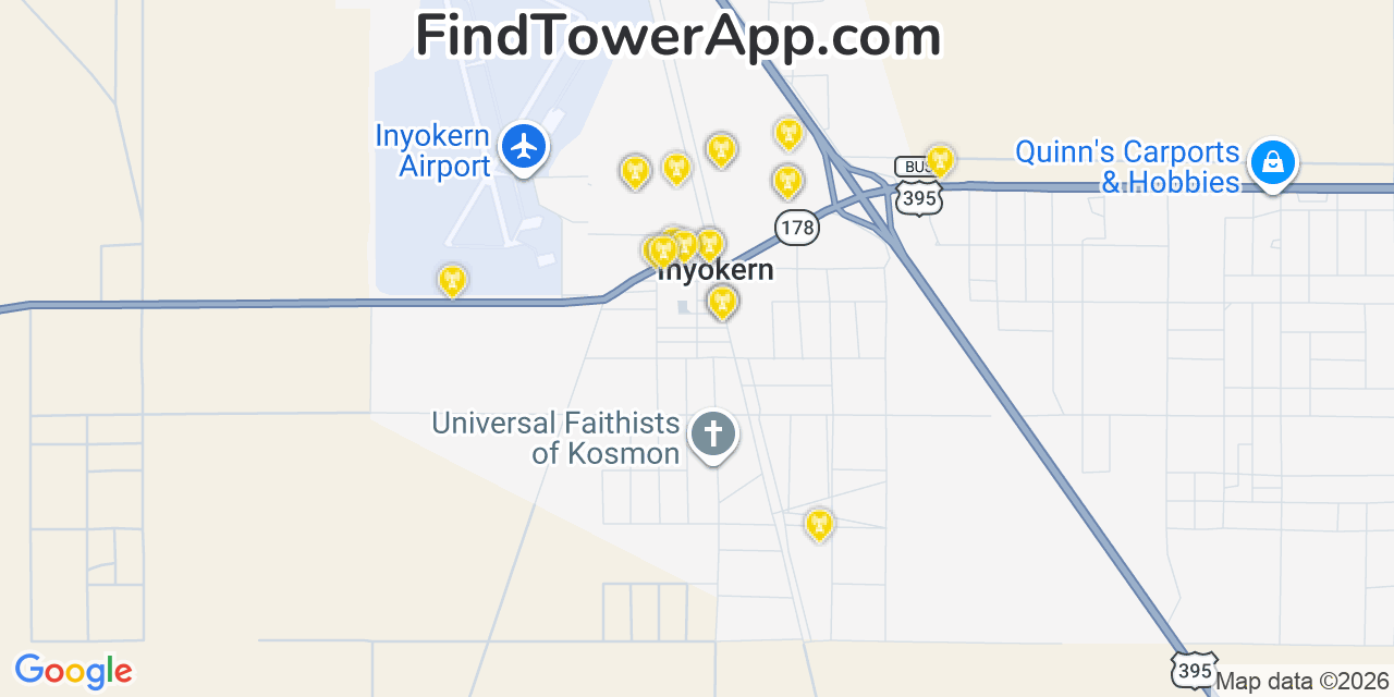 Map showing the 20 primary cell tower locations detected in Inyokern, California from AT&T, Verizon, and T-Mobile networks