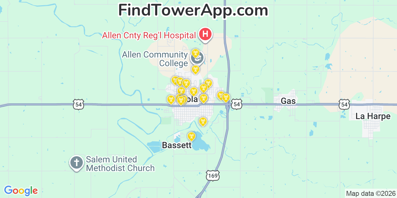 Map showing the 20 primary cell tower locations detected in Iola, Kansas from AT&T, Verizon, and T-Mobile networks