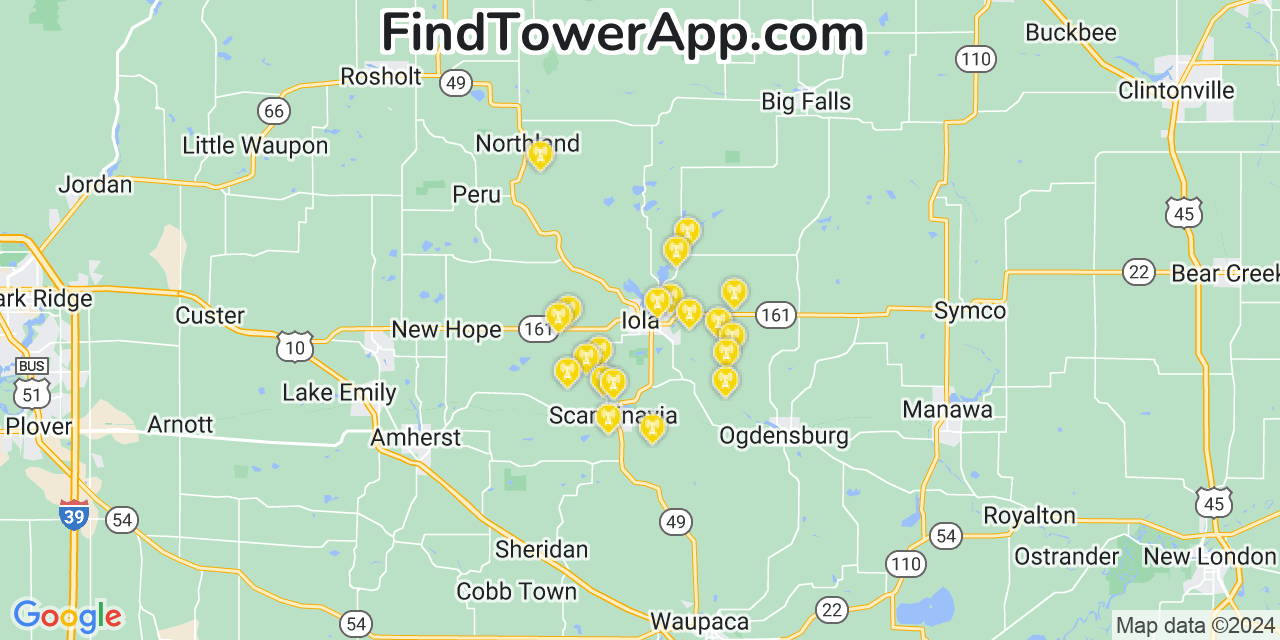 AT&T 4G/5G cell tower coverage map Iola, Wisconsin