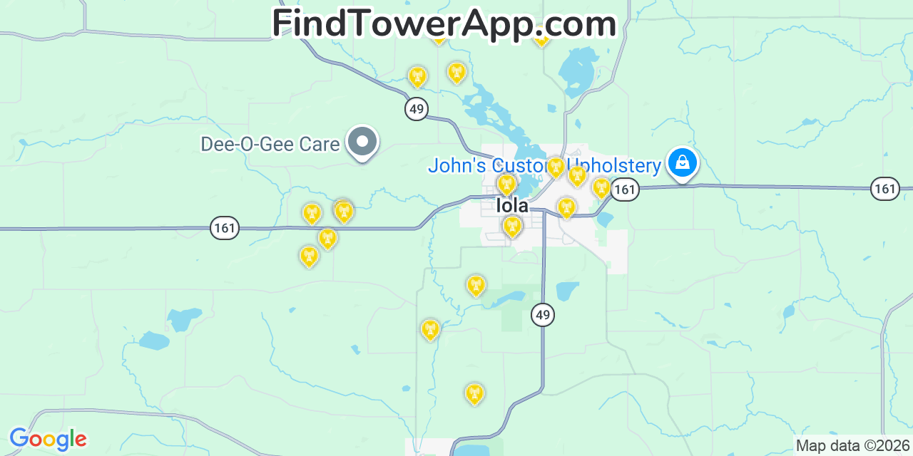 Map showing the 20 primary cell tower locations detected in Iola, Wisconsin from AT&T, Verizon, and T-Mobile networks