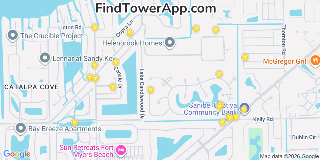 Map showing the 20 primary cell tower locations detected in Iona, Florida from AT&T, Verizon, and T-Mobile networks