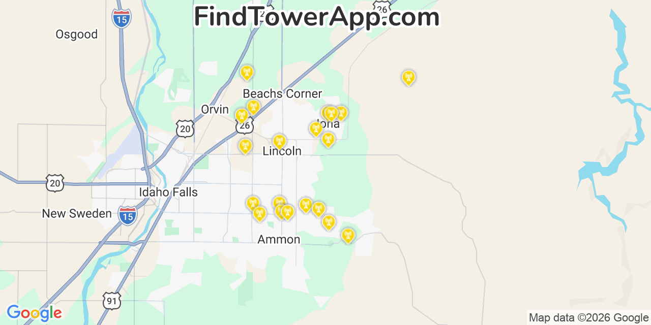 Map showing the 20 primary cell tower locations detected in Iona, Idaho from AT&T, Verizon, and T-Mobile networks