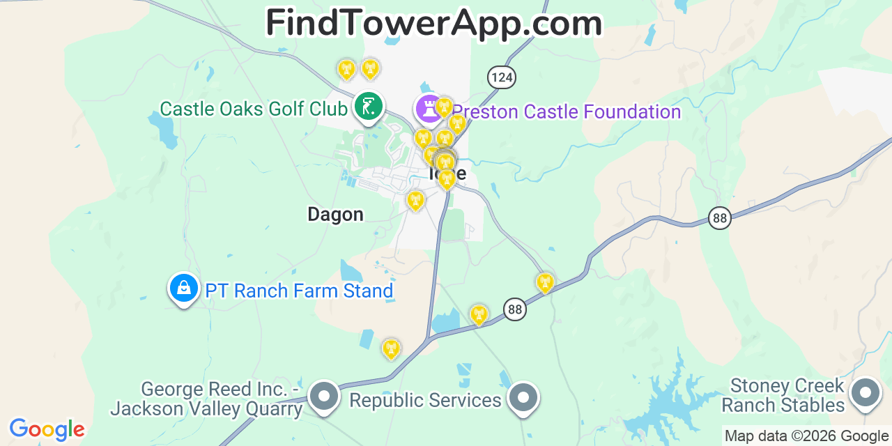 Map showing the 20 primary cell tower locations detected in Ione, California from AT&T, Verizon, and T-Mobile networks