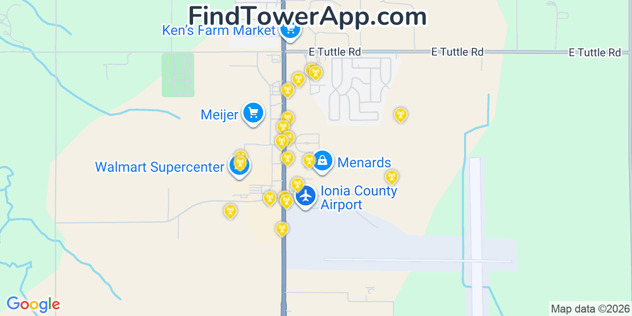 Map showing the 20 primary cell tower locations detected in Ionia, Michigan from AT&T, Verizon, and T-Mobile networks