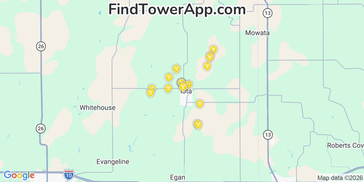 Map showing the 20 primary cell tower locations detected in Iota, Louisiana from AT&T, Verizon, and T-Mobile networks