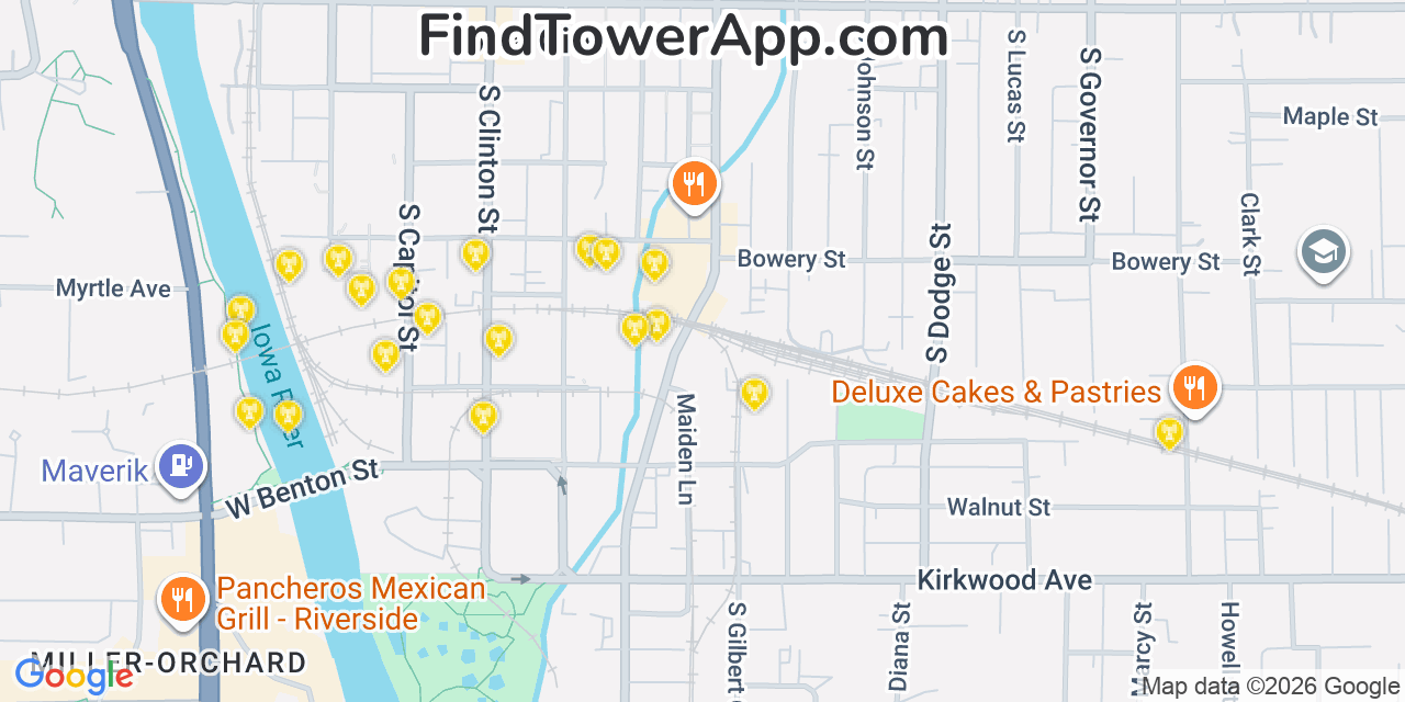 Map showing the 20 primary cell tower locations detected in Iowa City, Iowa from AT&T, Verizon, and T-Mobile networks