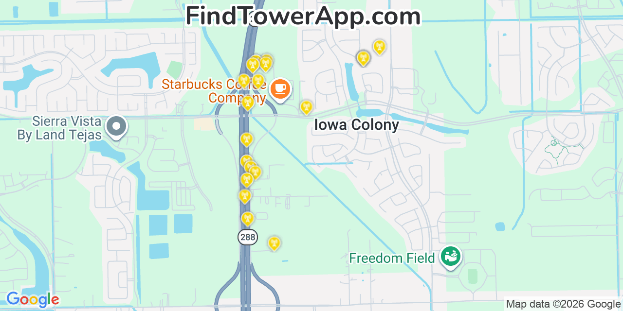 Map showing the 20 primary cell tower locations detected in Iowa Colony, Texas from AT&T, Verizon, and T-Mobile networks
