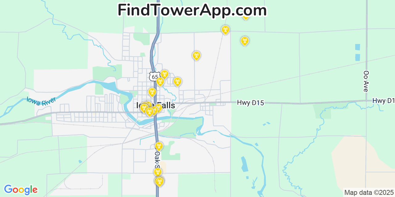 Map showing the 20 primary cell tower locations detected in Iowa Falls, Iowa from AT&T, Verizon, and T-Mobile networks