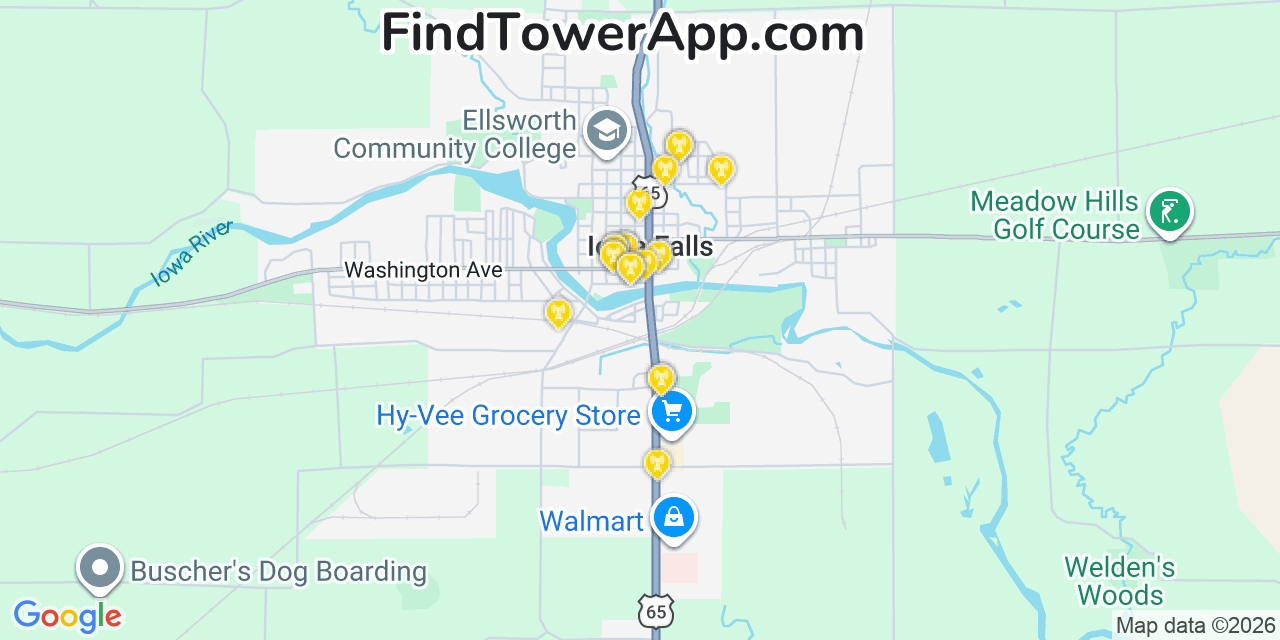 Map showing the 20 primary cell tower locations detected in Iowa Falls, Iowa from AT&T, Verizon, and T-Mobile networks