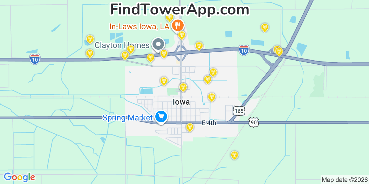 Map showing the 20 primary cell tower locations detected in Iowa, Louisiana from AT&T, Verizon, and T-Mobile networks