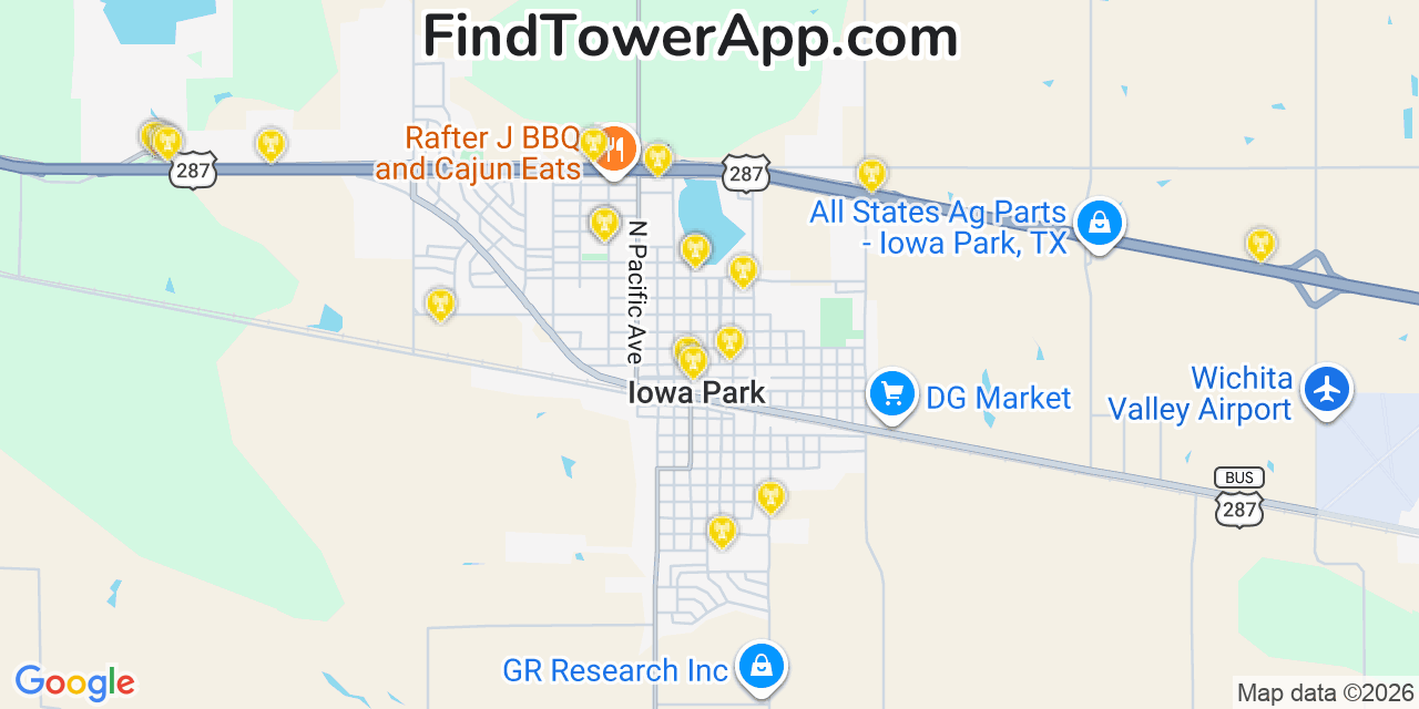 Map showing the 20 primary cell tower locations detected in Iowa Park, Texas from AT&T, Verizon, and T-Mobile networks